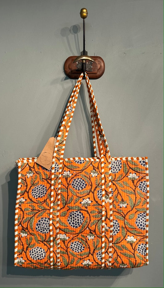 Pretty Indian Quilted Block Printed Tote Bag - Orange
