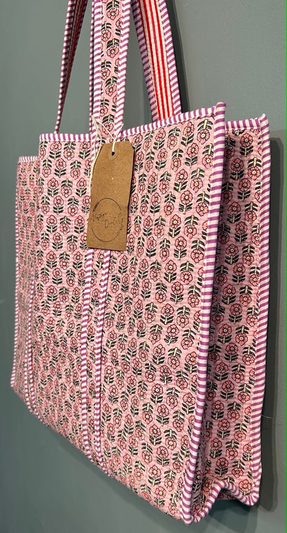 Pretty Indian Quilted Block printed Tote Bag - Pink Floral