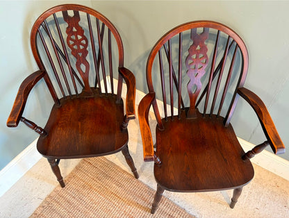 Pair of Vintage Wheel back Carver Chairs- Dark Wood