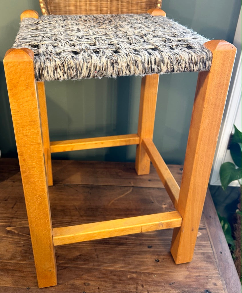 Vintage Woven Rattan Stool with Wool top.