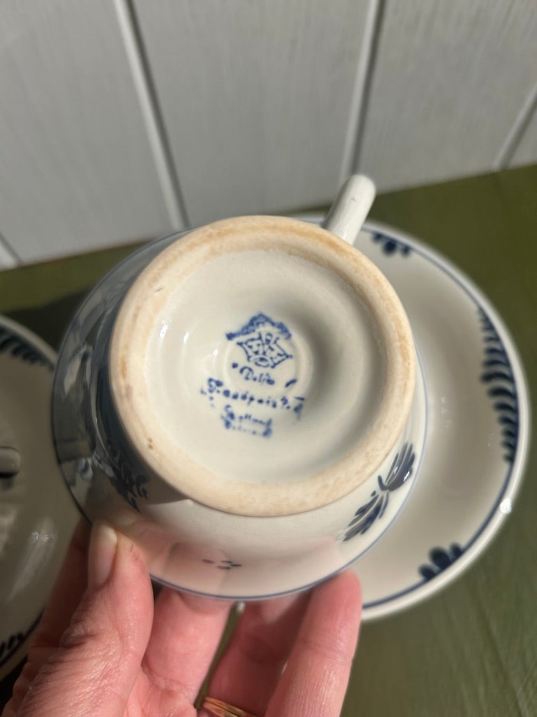 Pair of Delft Blue and White China Cups and Saucers