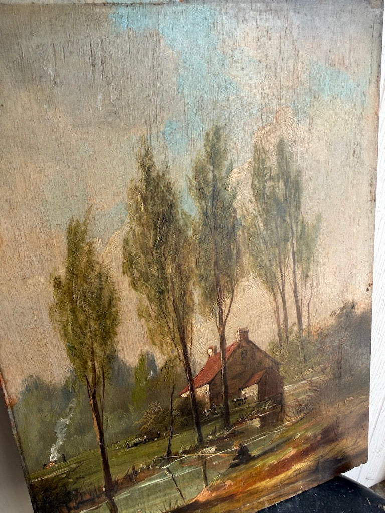 Original Oil Painting on Board Landscape Rural Scene with Cottage