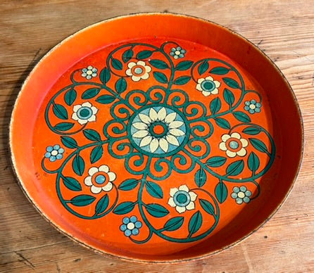 Vintage Retro Orange Kitch Round Tin Metal Tray