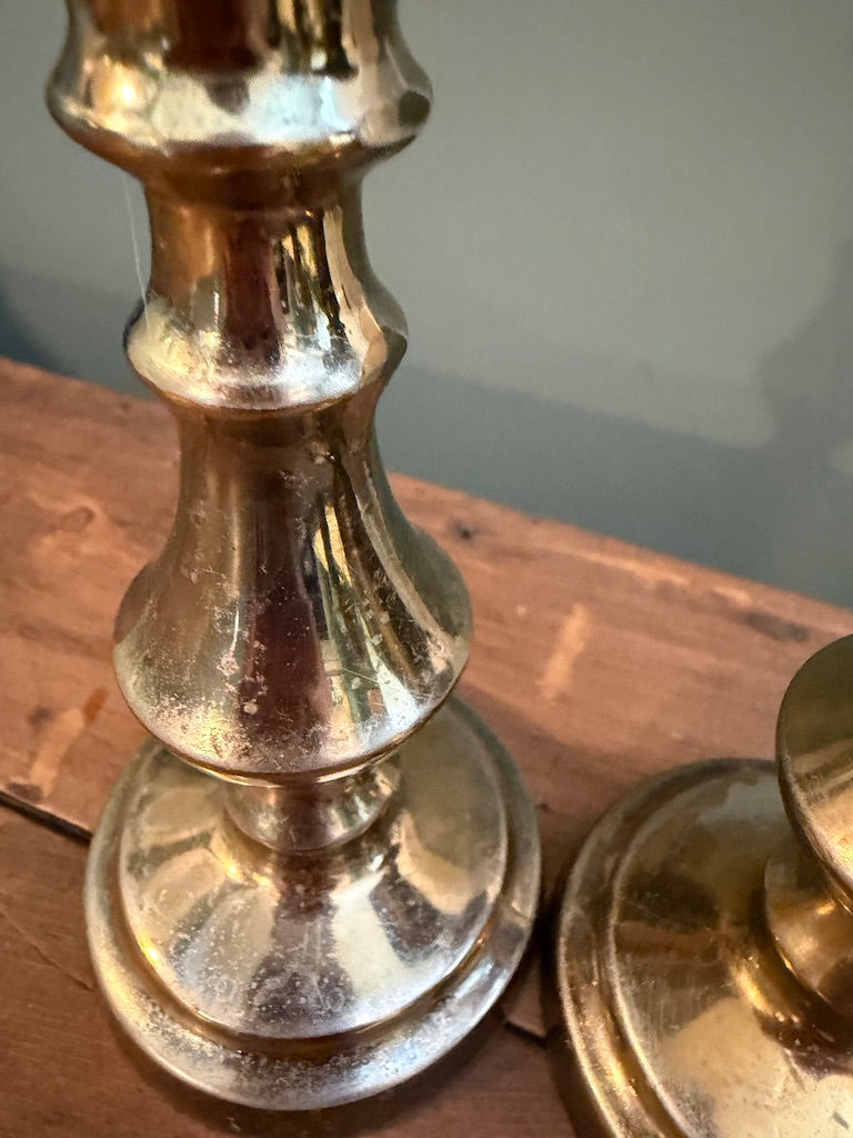 Small Pair of Vintage Brass Candlesticks - Round base