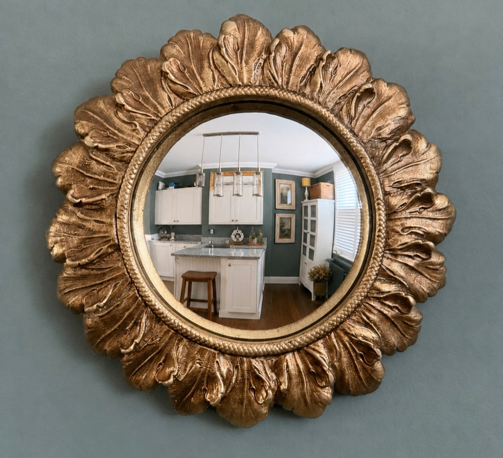 Small Gold Antiqued Round Port Hole style Flower Frame Mirror