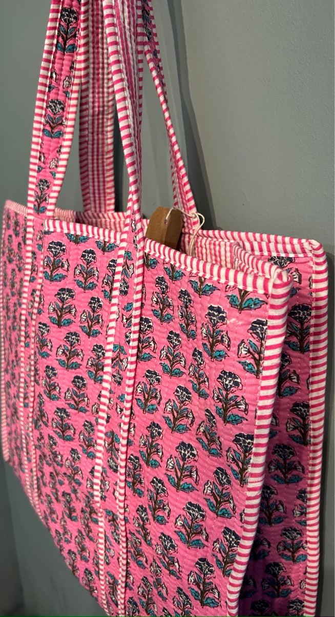 Pretty Indian Quilted Block Printed Tote Bag - Bright Pink Floral