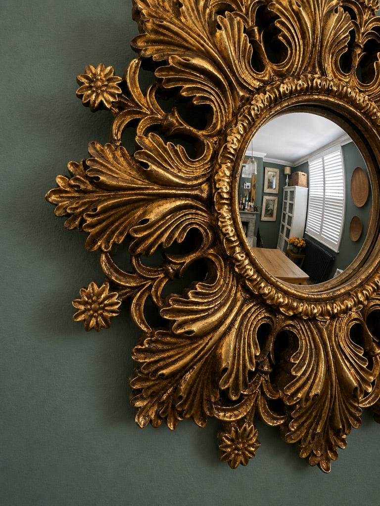 Gold Antiqued Round Port Hole Sunburst Ornate Style Frame Mirror