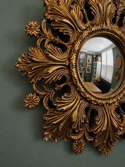 Gold Antiqued Round Port Hole Sunburst Ornate Style Frame Mirror
