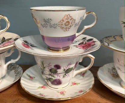Mismatched Pretty Vintage Tea Cups and Saucers ~ Job lot Set of 6 with Jug