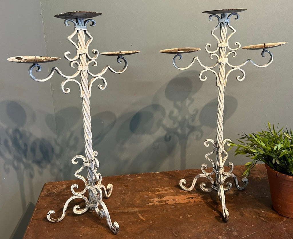 Pair of Vintage White painted Cast Iron Candle Stick Holders