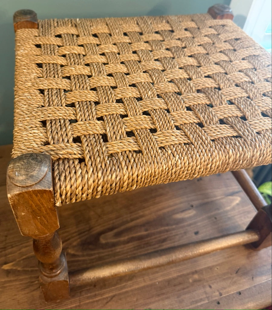 Vintage Woven Brown Rattan Stool with Rope top.