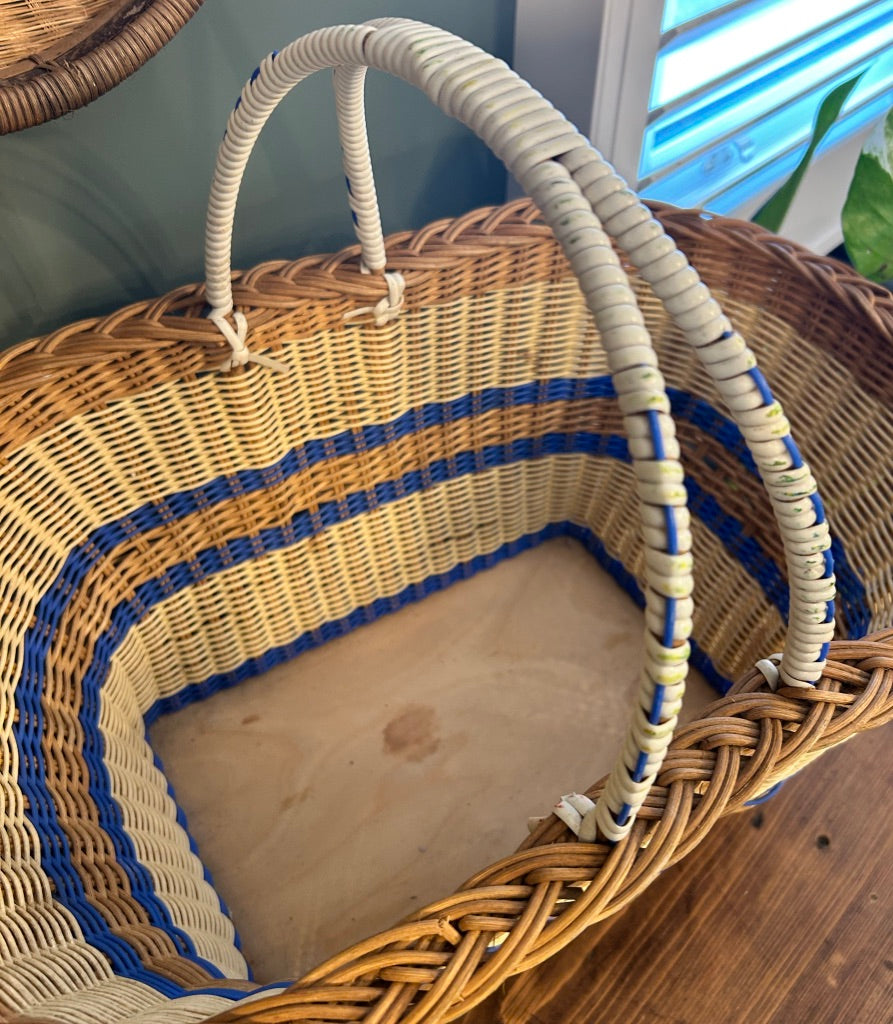 Vintage Handled Basket with Blue Stripe