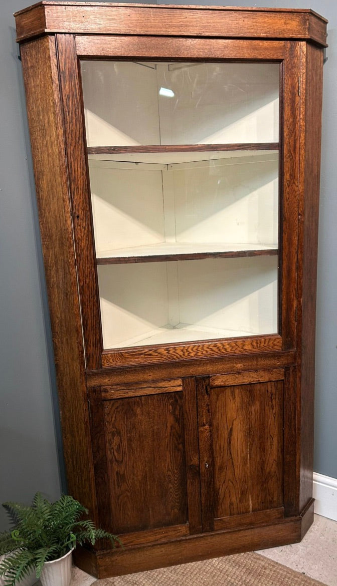 Antique Glazed Corner Oak House Keepers Cupboard