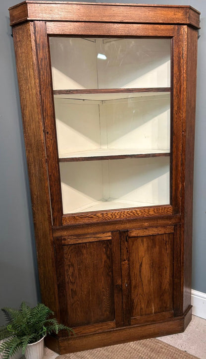 Antique Glazed Corner Oak House Keepers Cupboard