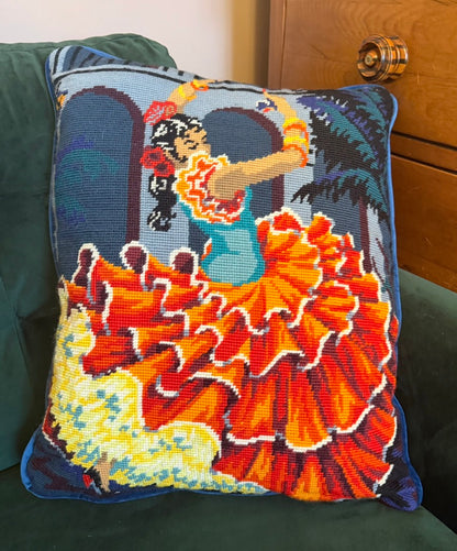 Vintage Spanish Flamenco Dancer Tapestry Upcycled Cushion - Feather Filled