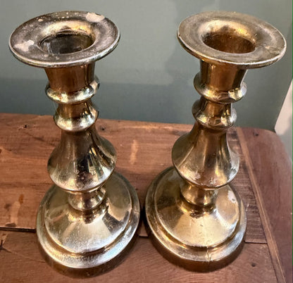 Small Pair of Vintage Brass Candlesticks - Round base