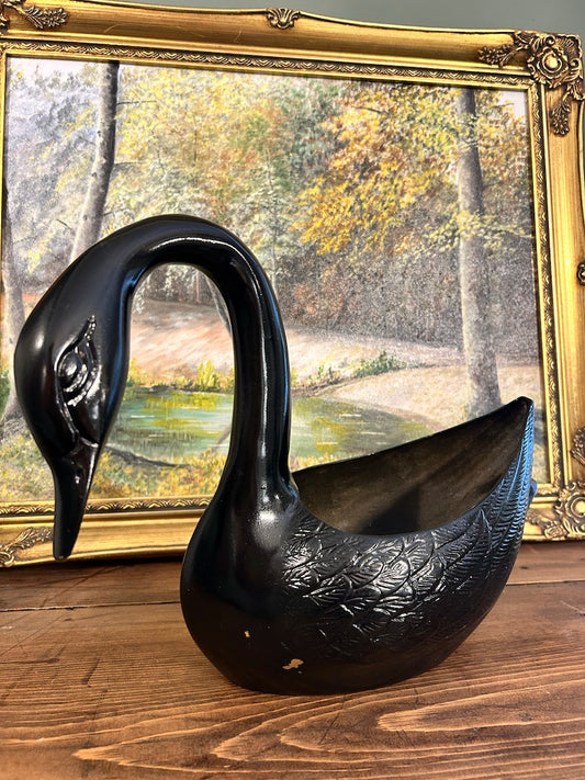 Vintage Mid Century Painted Black Swan Planter Pot