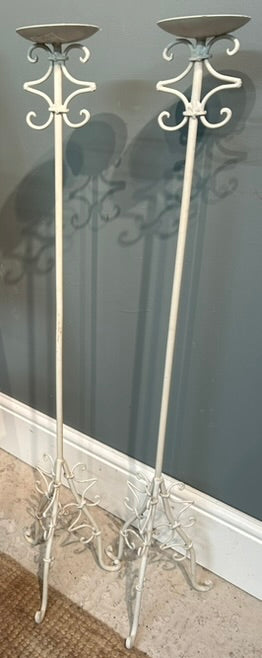 Pair of Vintage Tall White Painted Candle Stick Holders