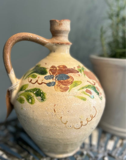 Vintage Hand Painted Terracotta Bottle - Antique Vessel