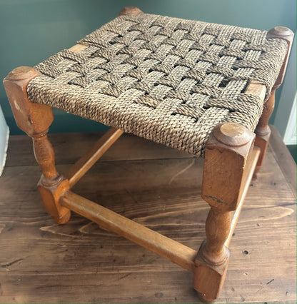 Vintage Woven Rattan Stool with Beige Rope top.