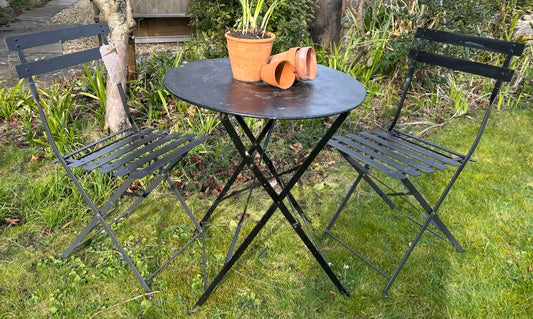 Vintage Black Metal Bistro Set - Table & 2 Chairs