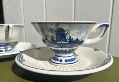 Pair of Delft Blue and White China Cups and Saucers