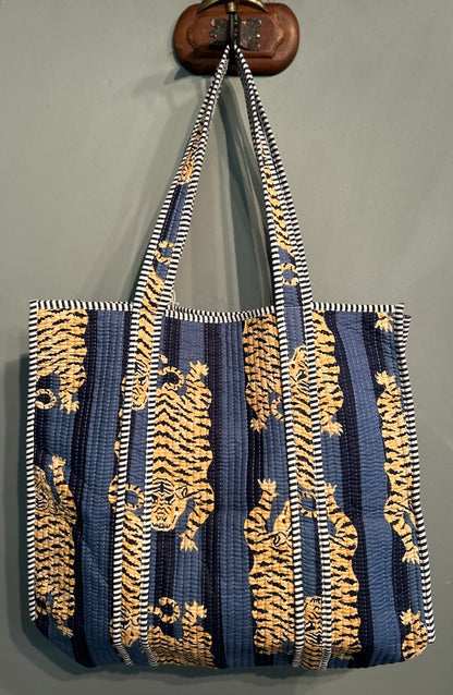 Pretty Indian Quilted Block Printed Tote Bag - Blue Leopard