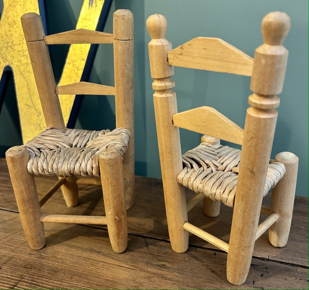 Pair of Miniature Vintage Rush Seat Chairs
