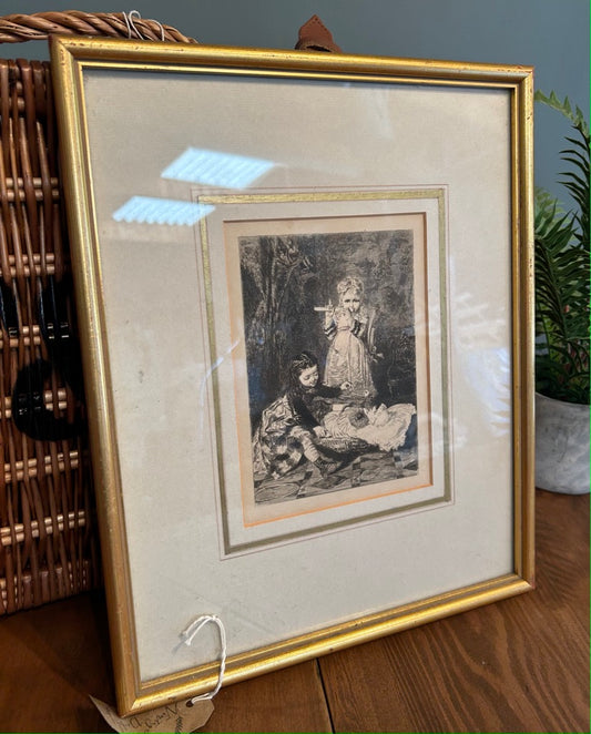 Vintage Framed Etching Proof Edition - Entertaining Baby