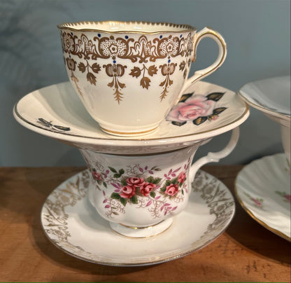 Mismatched Pretty Vintage Tea Cups and Saucers ~ Job lot Set of 6 with Jug