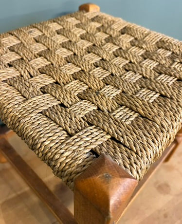 Vintage Woven Rattan Stool with Beige Rope top.