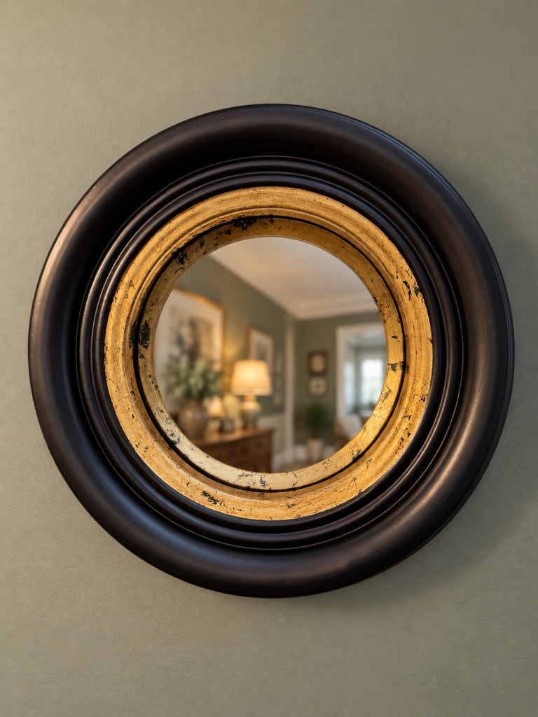 Chunky Black Gold Antiqued Round Port Hole style Mirror