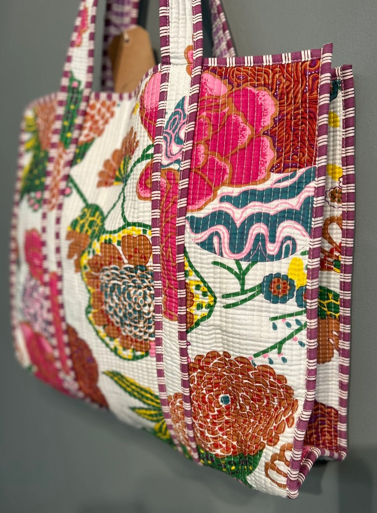 Pretty Indian Quilted Block Printed Tote Bag - Floral