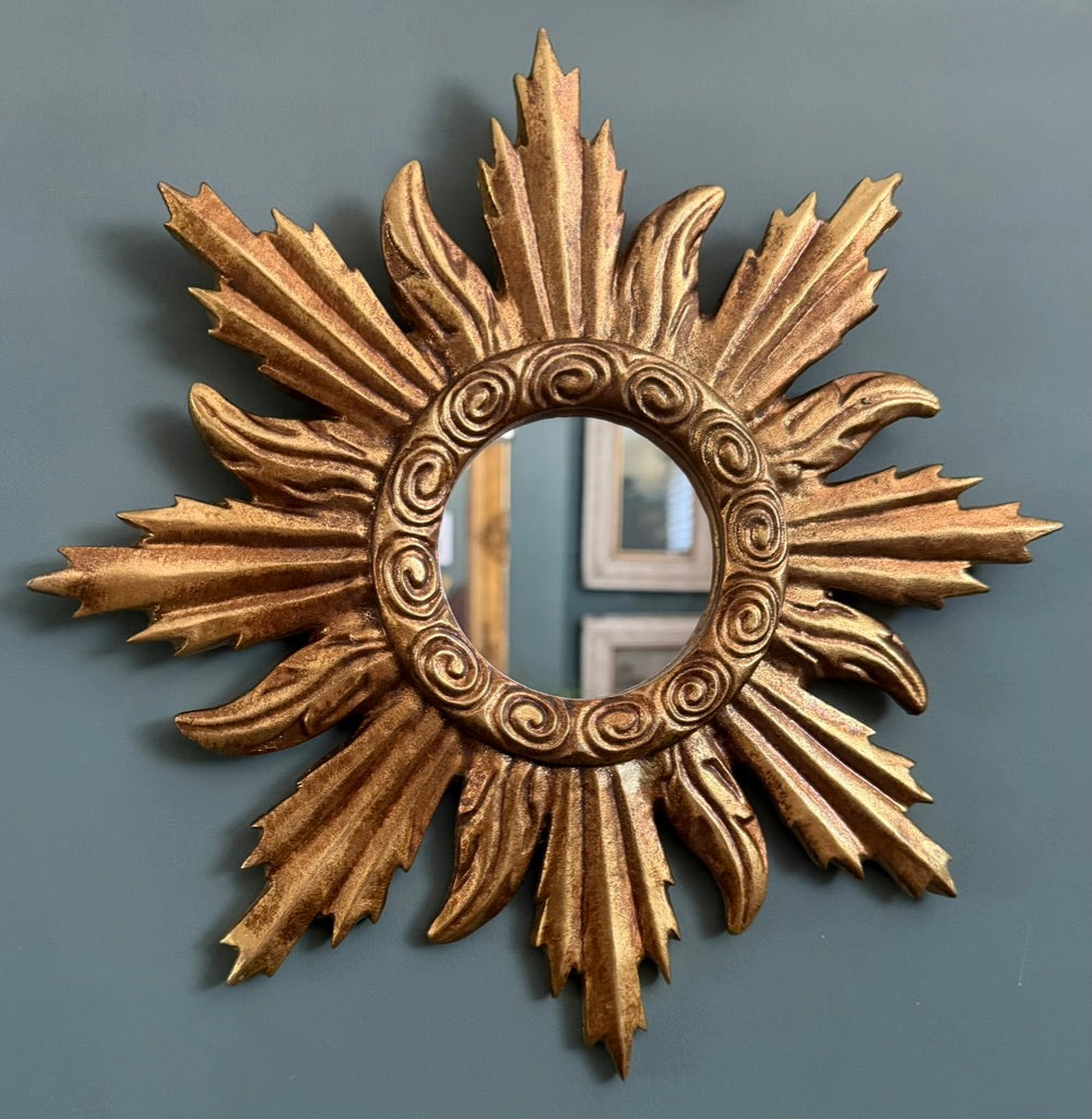 Gold Antiqued Round Port Hole Style Sunburst Mirror - Medium