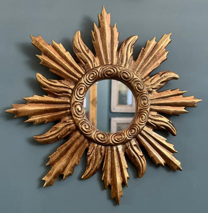 Gold Antiqued Round Port Hole Style Sunburst Mirror - Medium